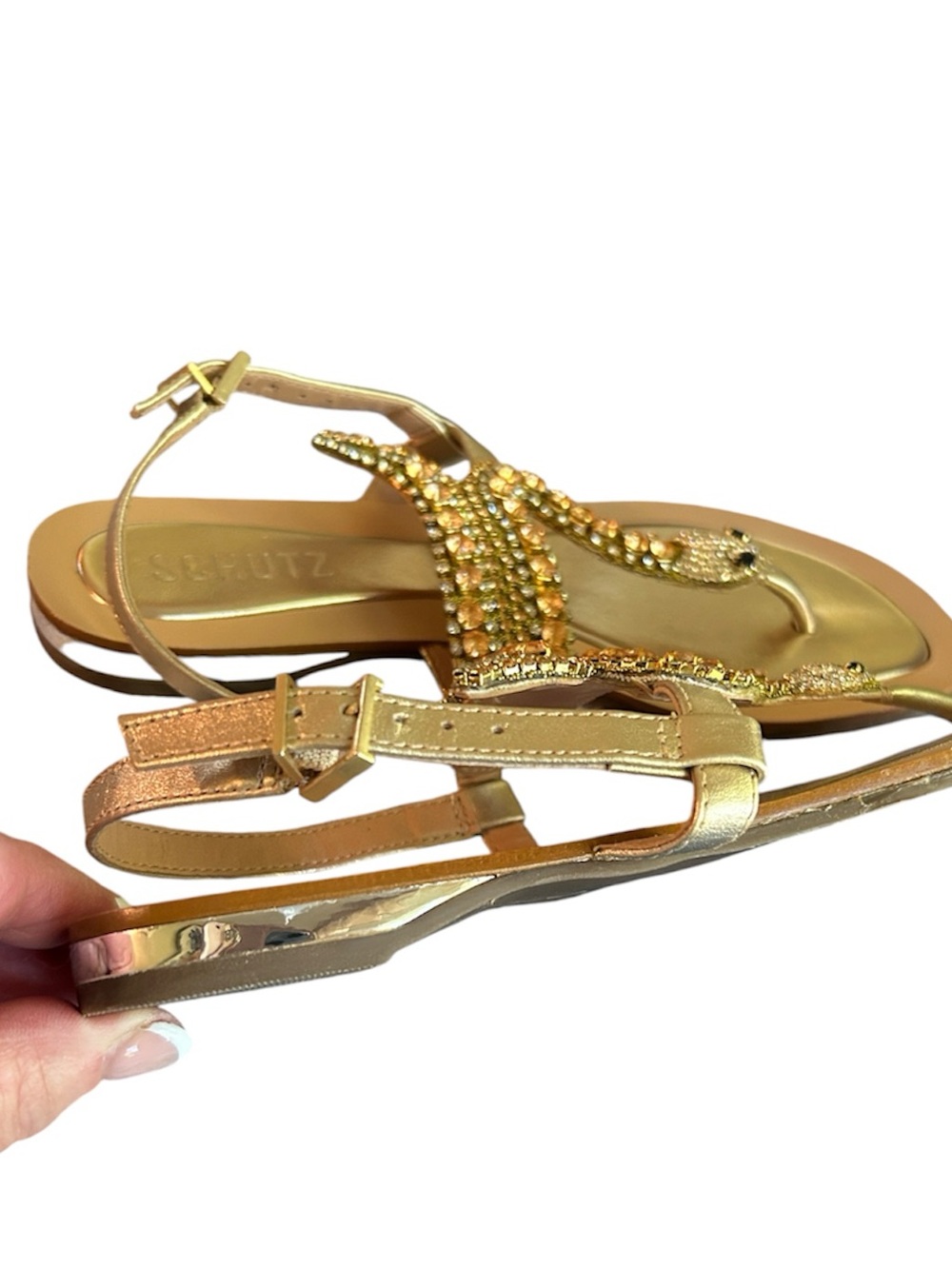 Schutz Shanti Gold Metallic Snake Rhinestone
Embellished Flat Sandals 7.5 - Picture 4 of 8